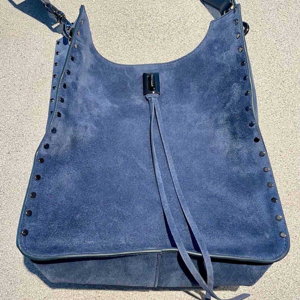 Rebecca Minkoff Darren Mini Feed Bag, blue suede with studs